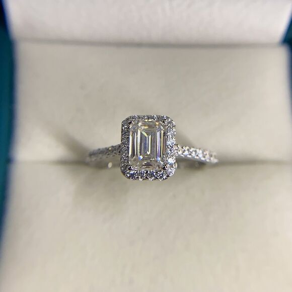 💯% AUTHENTIC!!!  Halo Emerald Cut Moissanite Engagement Ring - Picture 8 of 15